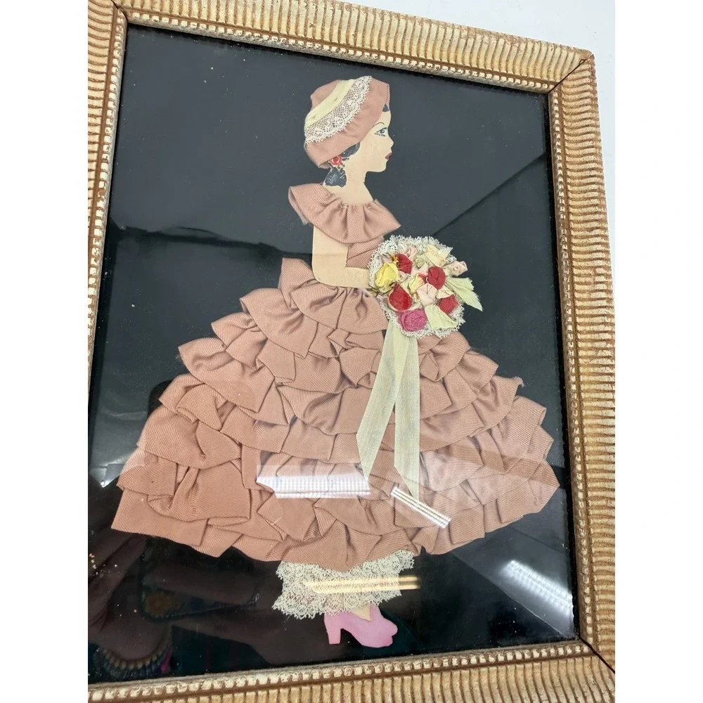 Vintage Ribbon Art‎ Southern Belle Lady Wall Decor Framed Fabric Picture